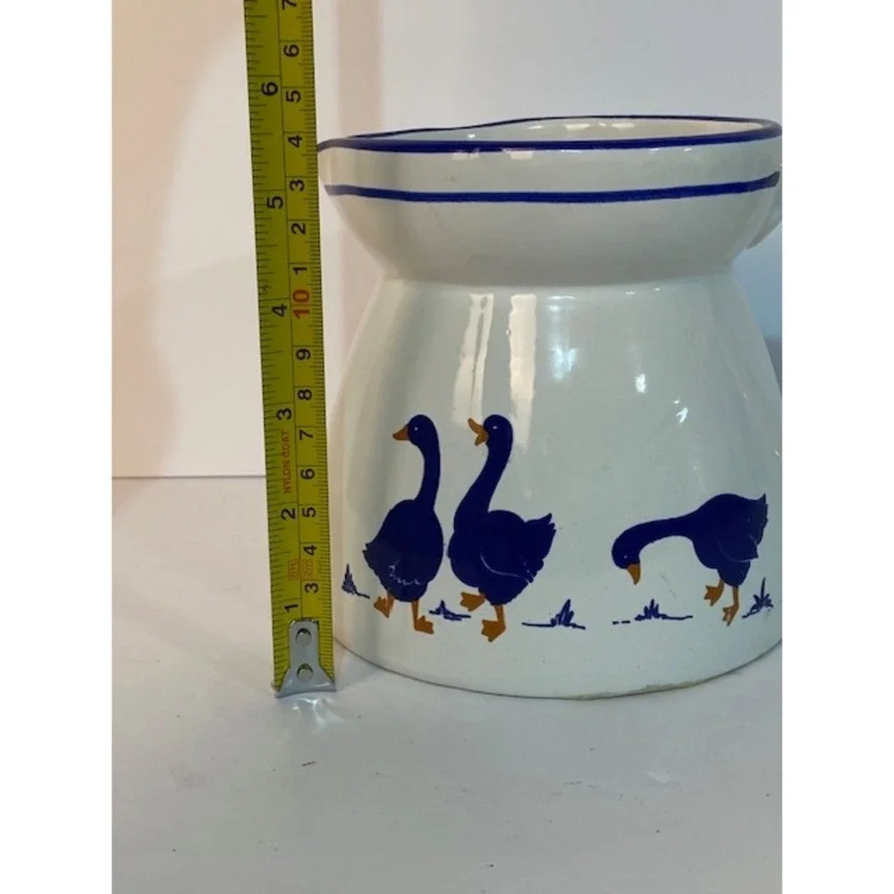Vintage Blue Goose Ceramic Pitcher White Stoneware Farmhouse Country Creamer